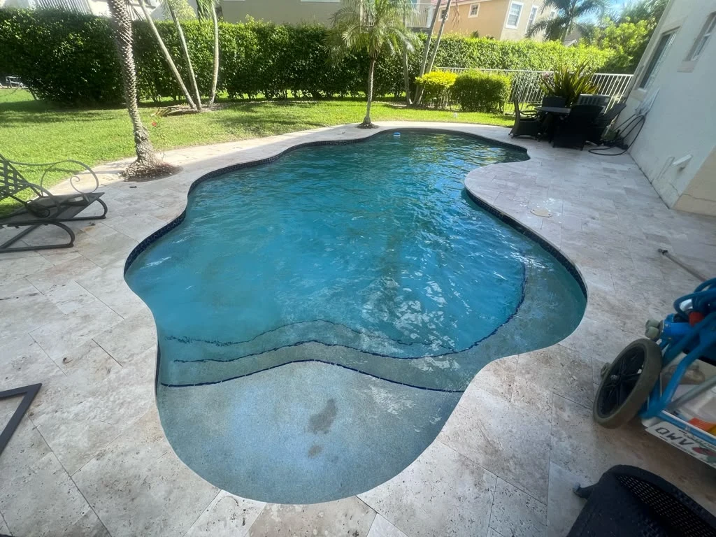 Same freeform pool after service with blue water and visible steps