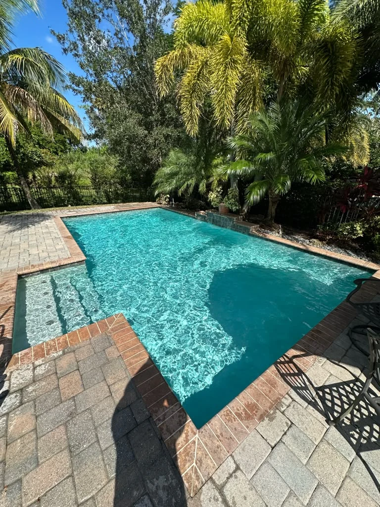 Same pool after cleaning with clear turquoise water beside palms